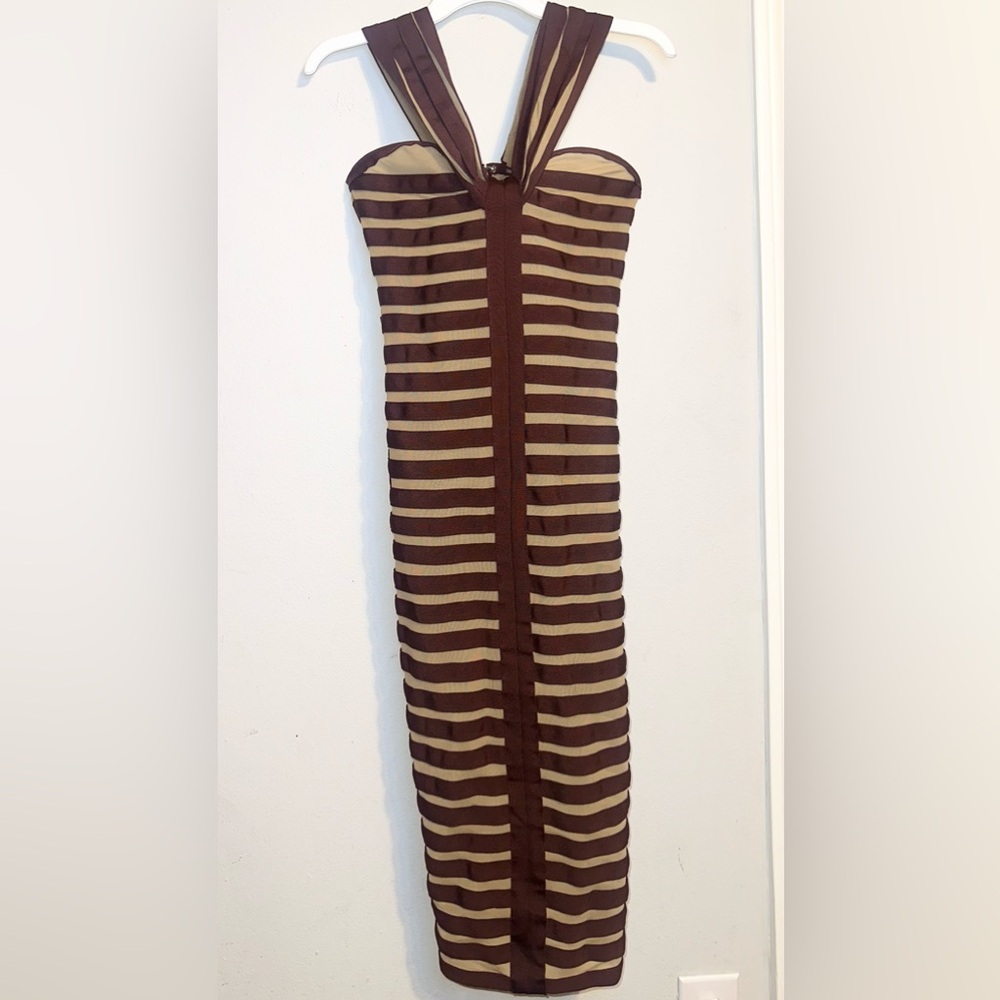 Fashion Nova Brown and Tan Striped Midi Dress